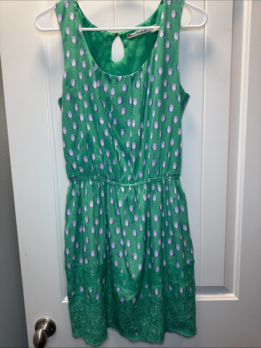 Chelsea & Violet Green Sleeveless Printed Dress with Lace Trim